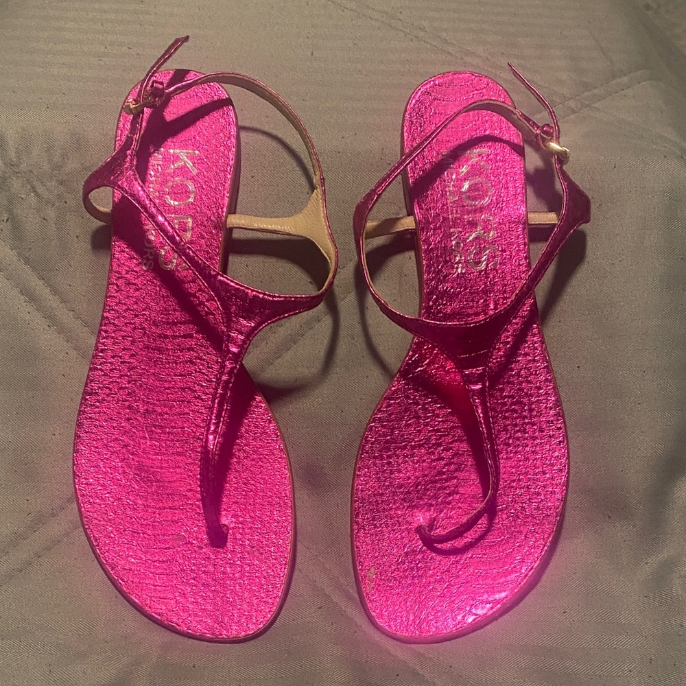 KORS Michael Kors Metallic Hot Pink or Fuschia T-Strap Sandals